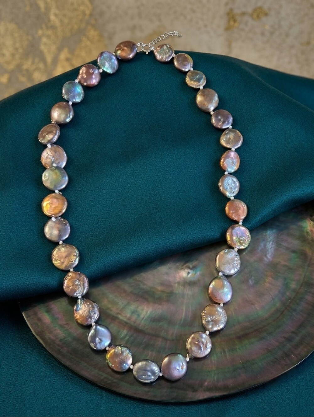 Peacock Iridescent Baroque Coin Pearl Sterling Silver Necklace Pearlcore NWT 18"